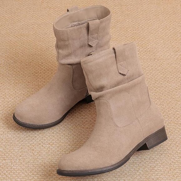 NEW! Trendy Women's Ankle Boots - Slouchy Fashion Low Calf Flat Booties-Beige - Picture 2 of 4